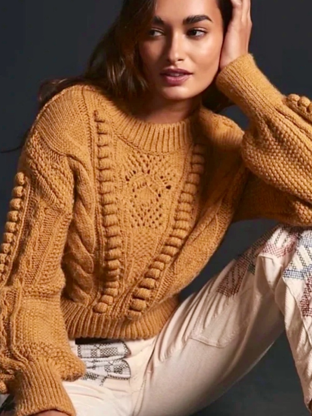 Anthropologie Womens Golden Cable Knit Cropped Sweater Balloon Sleeve Medium